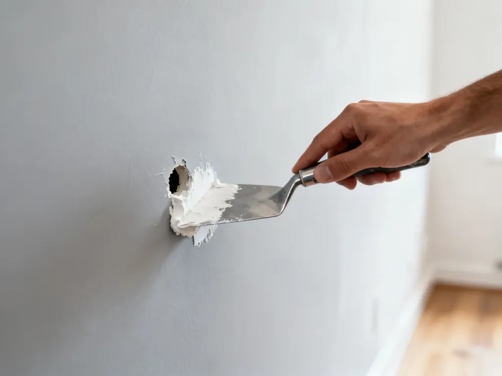 Ręka nakładająca szpachlę metalową szpachelką na ubytek w jasnoszarej ścianie.