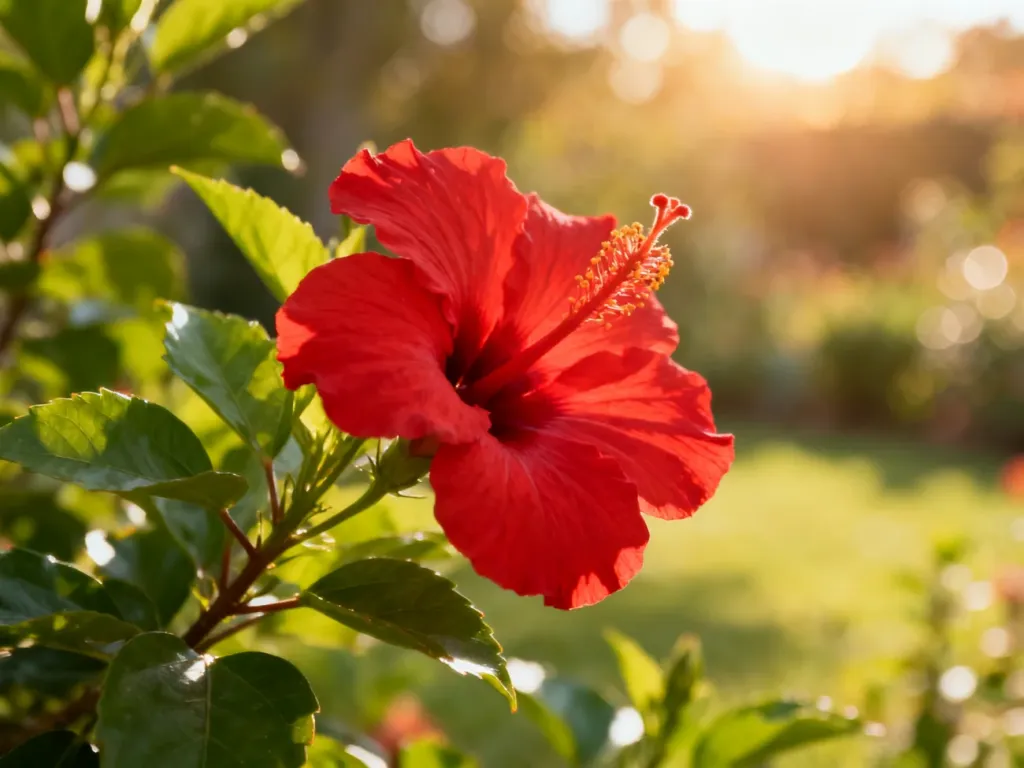 Zbliżenie na intensywnie czerwony kwiat hibiskusa w pełnym rozkwicie, otoczony zielonymi liśćmi w słonecznym ogrodzie.