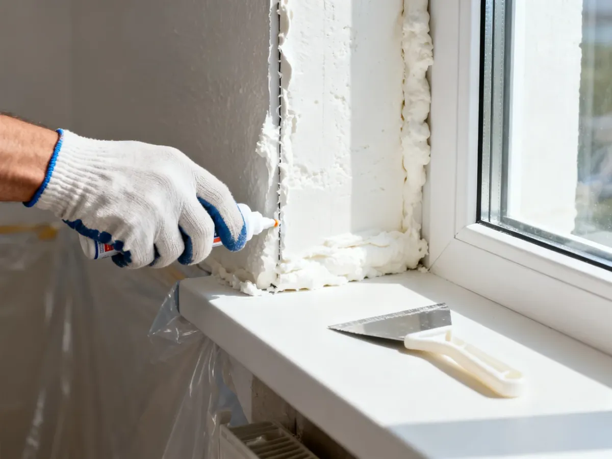 Usuwanie zaschniętej pianki montażowej przy użyciu preparatu i plastikowej szpatułki