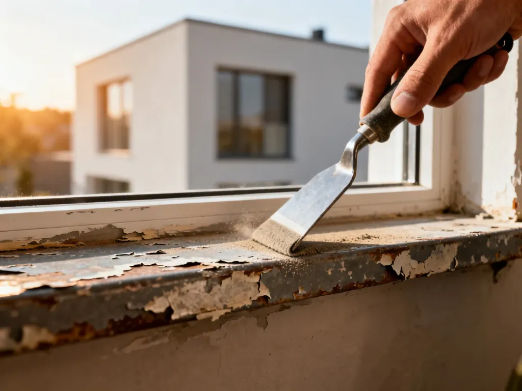 Dłoń szlifuje zniszczony, łuszczący się metalowy parapet, przygotowując go do renowacji.