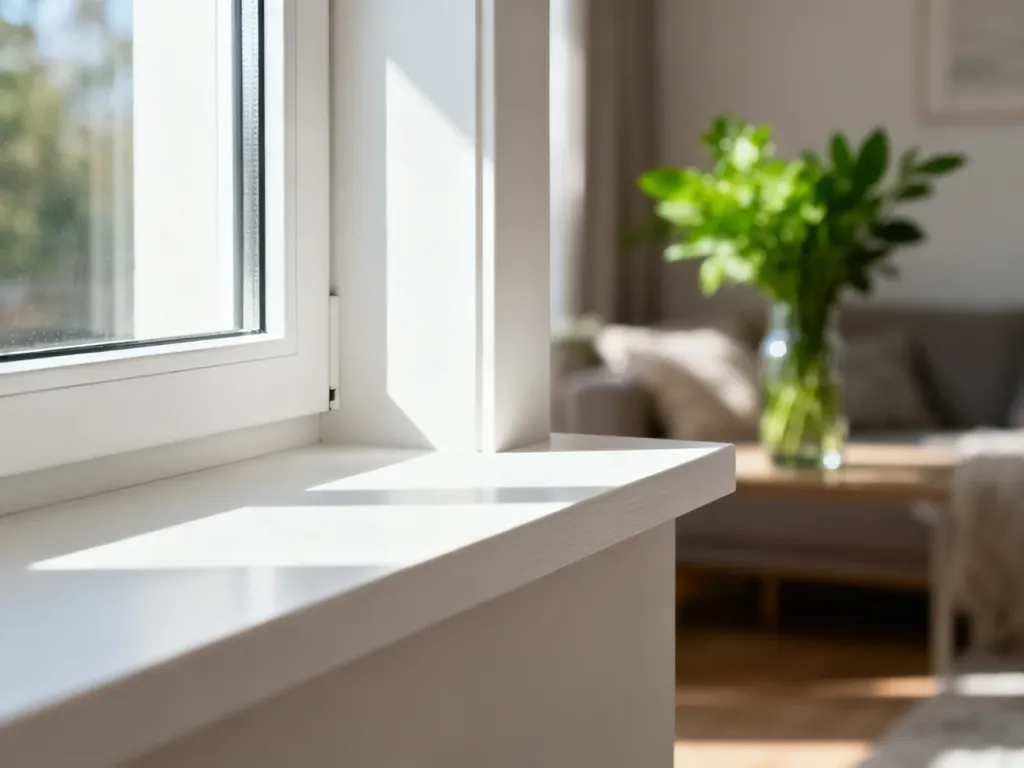 Nowoczesny biały parapet kompozytowy idealnie dopasowany do okna w jasnym, minimalistycznym wnętrzu.