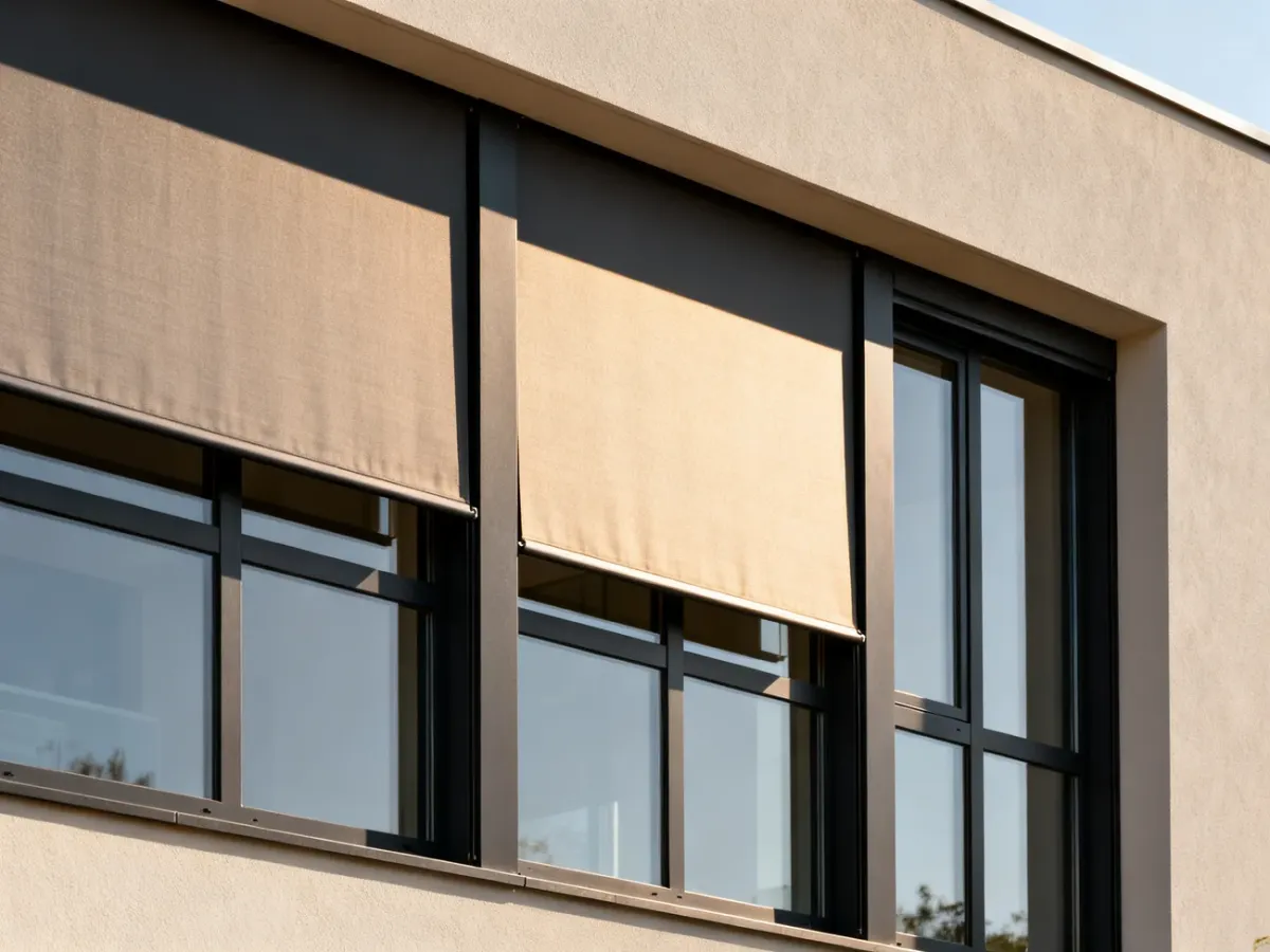 Ciemne okna z zewnętrznymi osłonami przeciwsłonecznymi