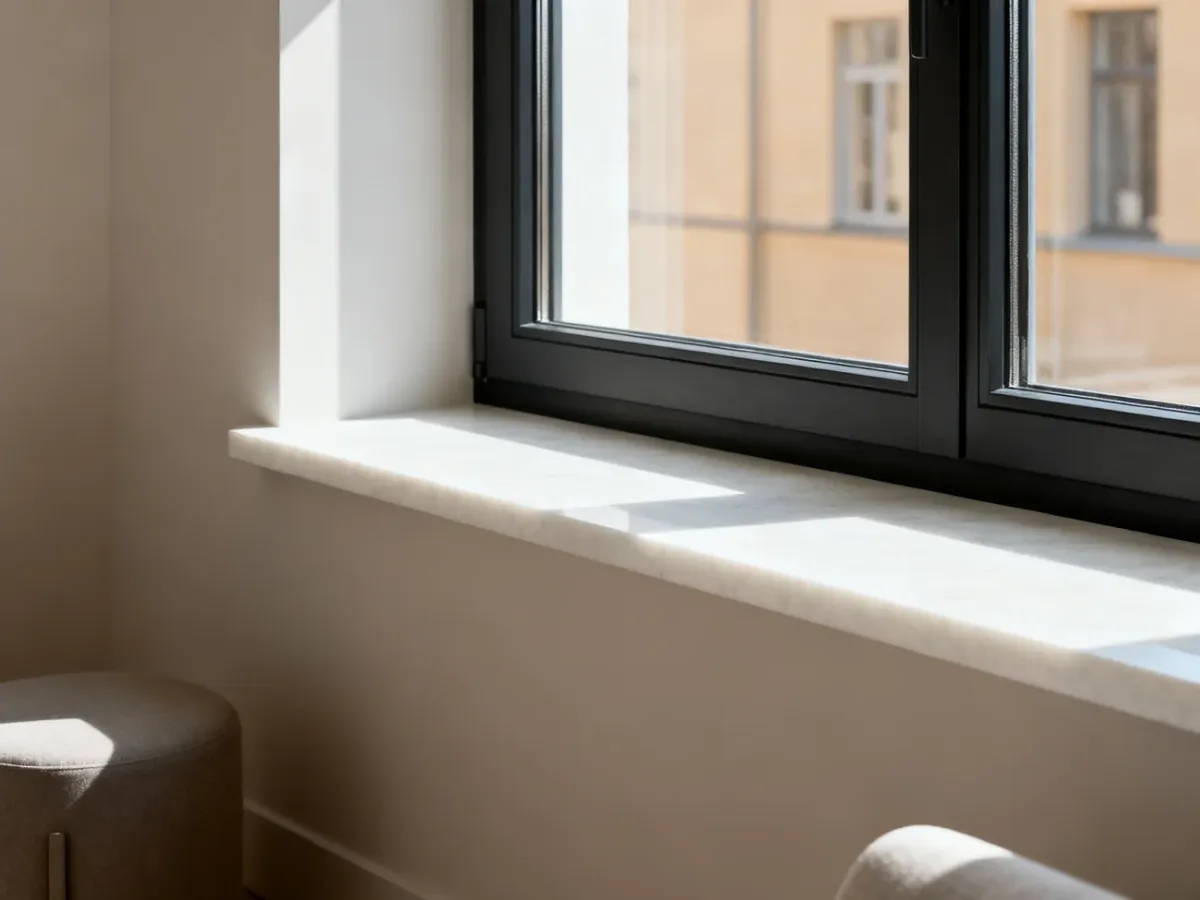 Biały parapet kontrastujący z antracytową ramą okna