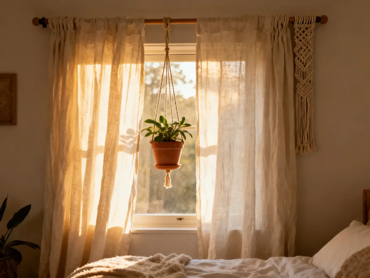 Okno w sypialni boho z lnianymi zasłonami i rośliną