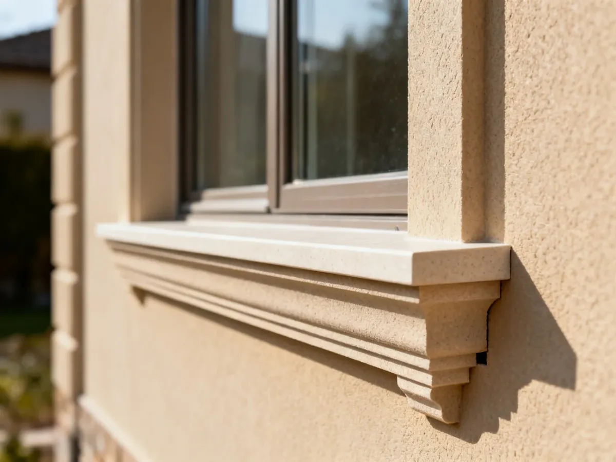 Parapet z ozdobnym frezem wsunięty w boczne szpalety elewacji