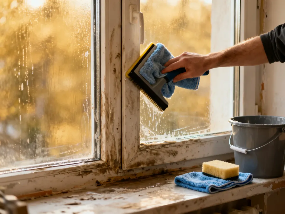 Mycie ramy i szyby po remoncie przy użyciu mokrych narzędzi