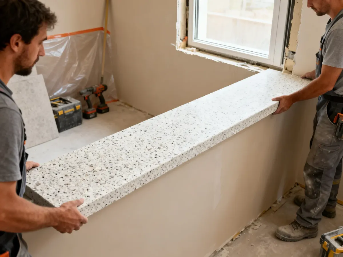 Dwóch monterów osadza ciężki parapet z konglomeratu we wnęce okiennej.