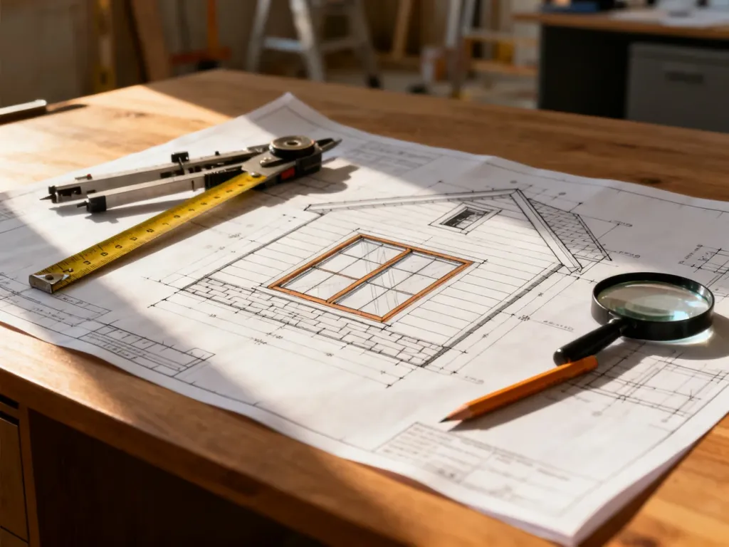 Projekt architektoniczny elewacji domu z rysunkiem technicznym okna i narzędziami pomiarowymi na drewnianym biurku.