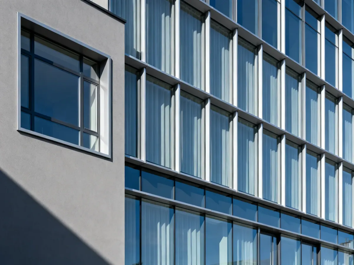 Nowoczesna elewacja z dużym oknem i systemem fasadowym z aluminiowych słupów oraz rygli