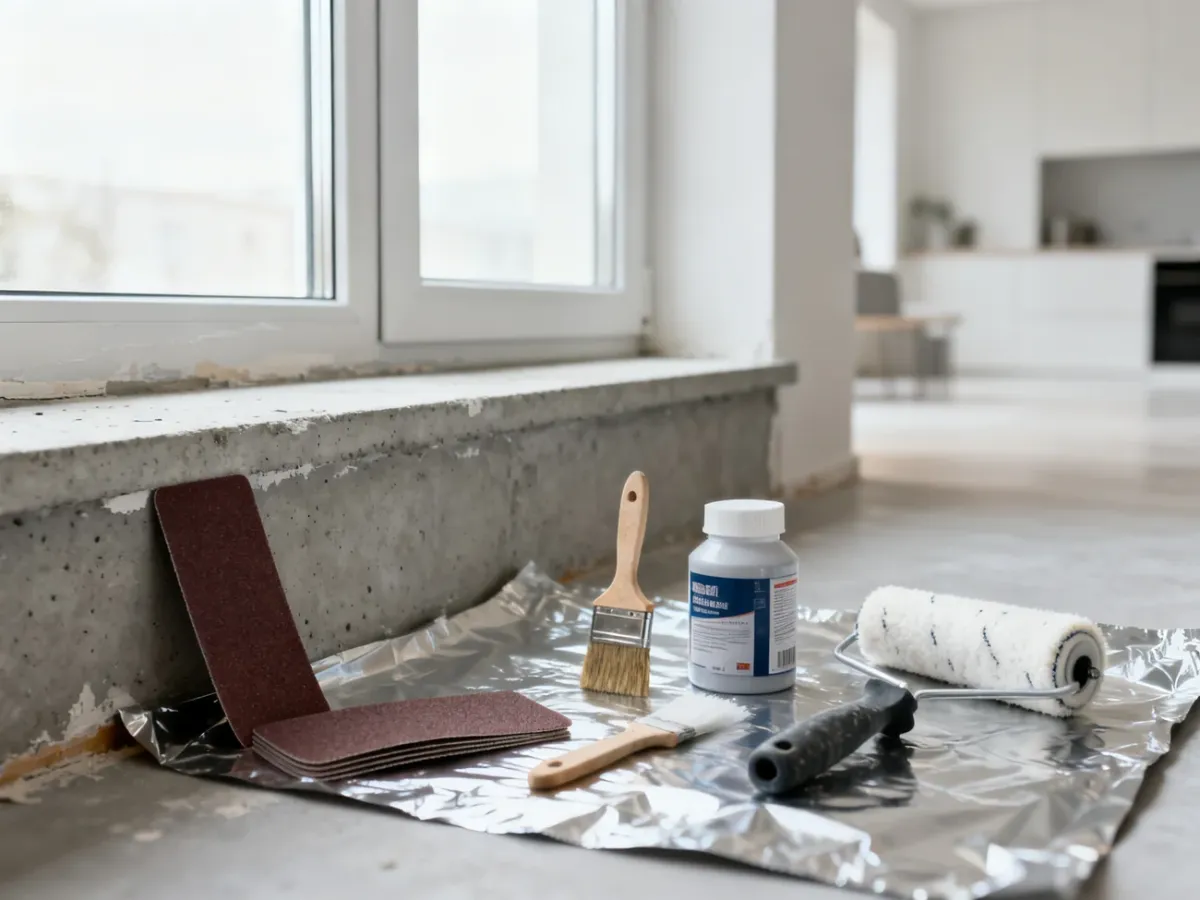 Narzędzia i materiały przygotowane do renowacji betonowego parapetu