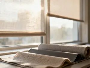 Nowoczesne żelazko parowe wygładza delikatną, białą zasłonę na desce do prasowania w jasnym, słonecznym wnętrzu.