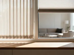 Nowoczesny salon z minimalistycznym karniszem i eleganckimi, beżowymi zasłonami sięgającymi podłogi.