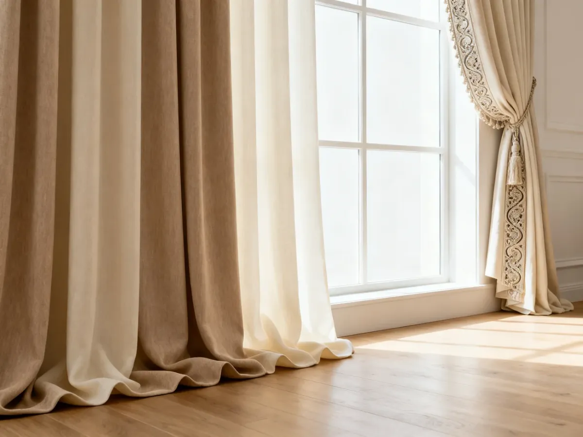 Długie zasłony miękko układające się na podłodze w eleganckim salonie