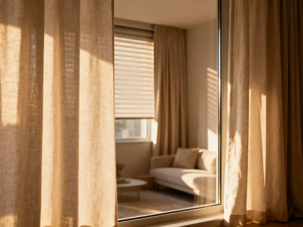 Nowoczesny salon z eleganckimi zasłonami i roletami na dużych oknach, tworzący przytulną i słoneczną atmosferę.
