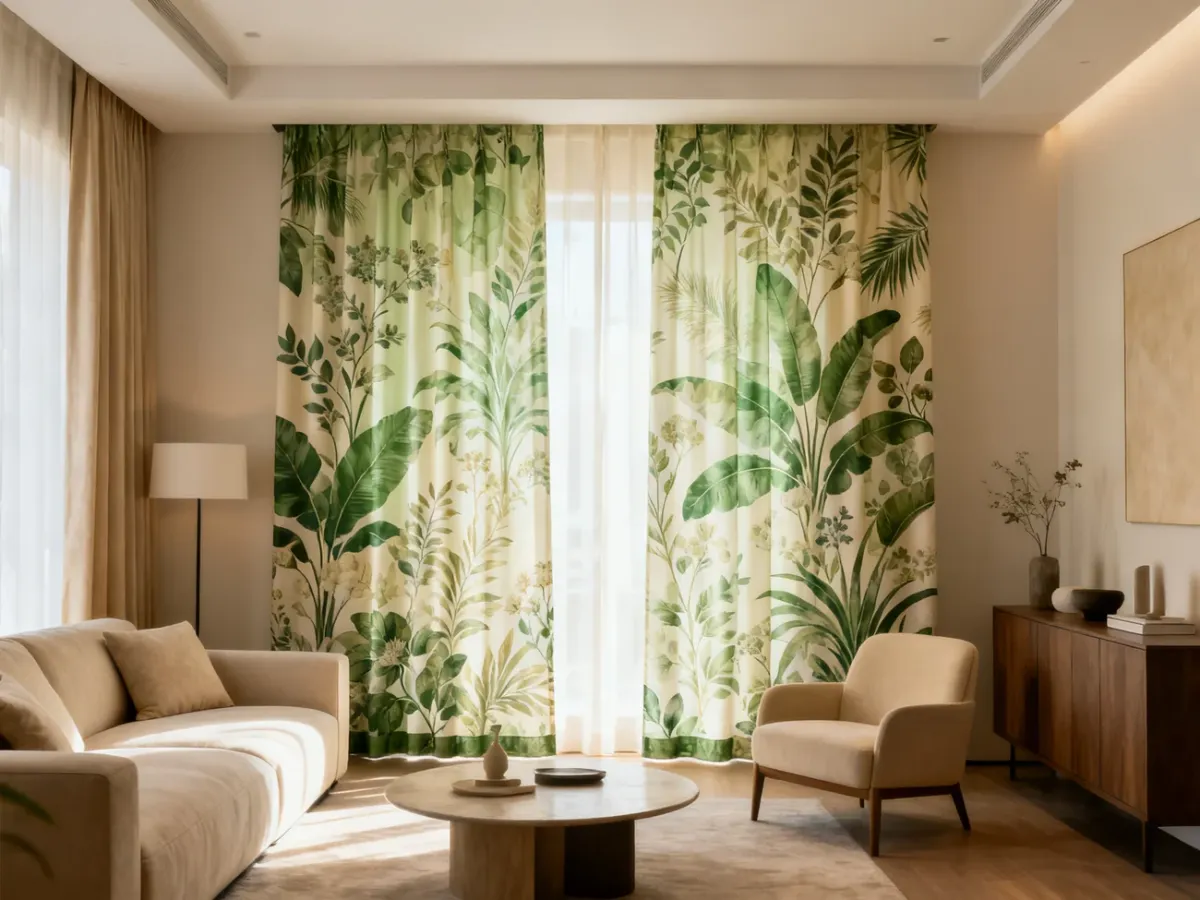 Nowoczesny salon z dekoracyjną zasłoną w botaniczny wzór