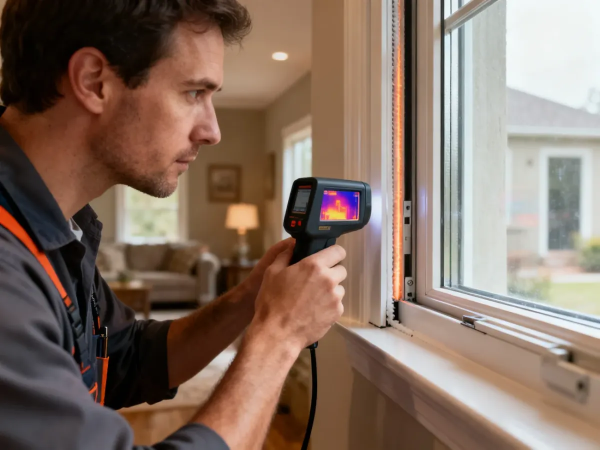 Technician inspecting a window for leaks and thermal insulation problems