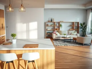 Eleganckie rolety wewnętrzne o różnej fakturze tkaniny w minimalistycznym salonie, oświetlone delikatnym światłem poranka.