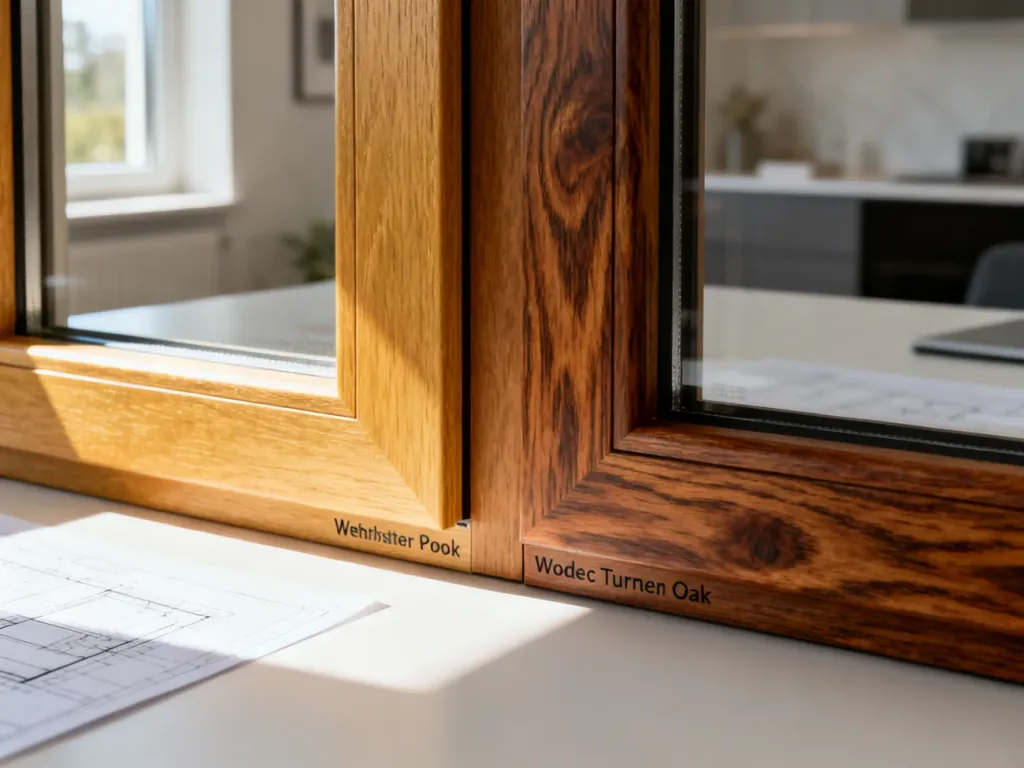 Dwie próbki ram okiennych w kolorach Winchester i Woodec Turner Oak zestawione na biurku architekta.
