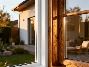 Dwie próbki ram okiennych w kolorach Winchester i Woodec Turner Oak zestawione na biurku architekta.