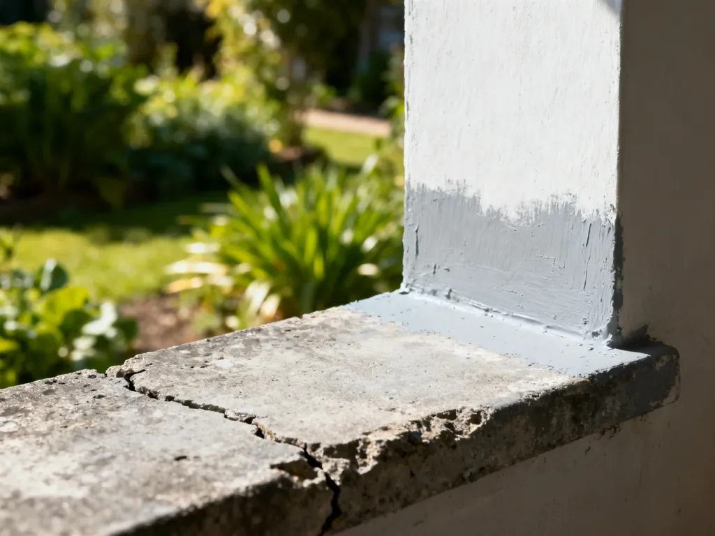 Zniszczony betonowy parapet w trakcie renowacji, z widocznym fragmentem świeżo pomalowanej powierzchni.