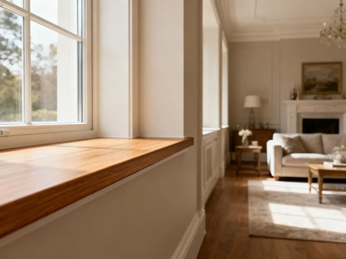 Elegancki parapet MDF w jasnym salonie dopasowany do wystroju wnętrza