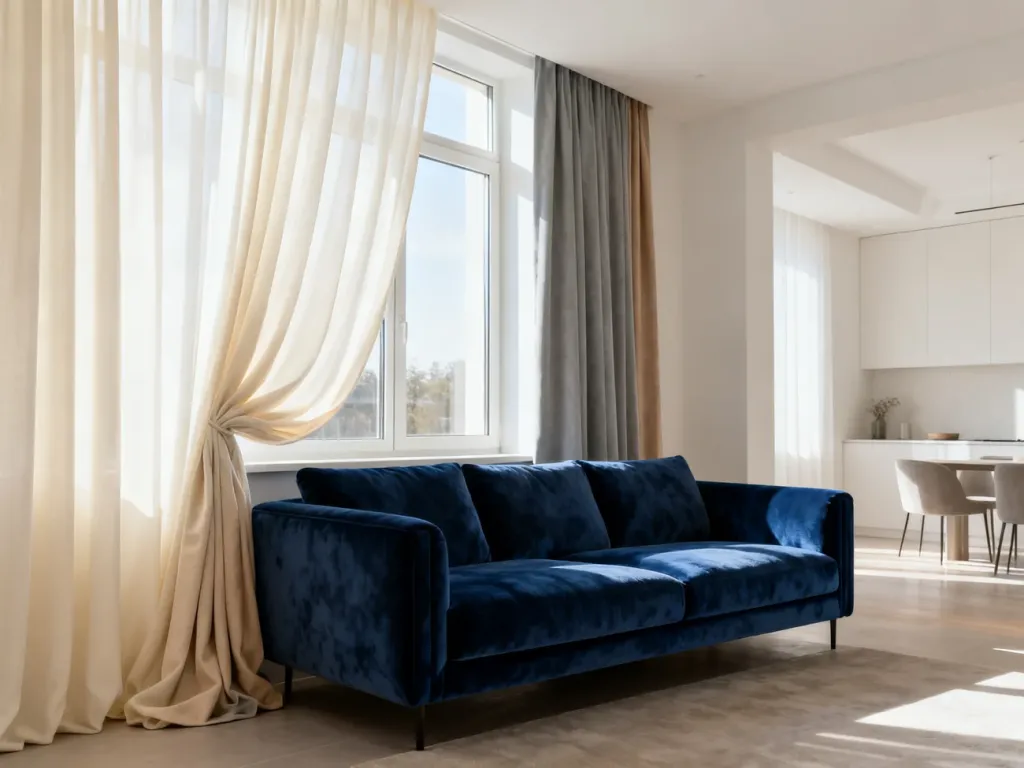 Elegancki salon z granatową kanapą i jasnymi, neutralnymi zasłonami, które tworzą przytulną i harmonijną aranżację wnętrza.