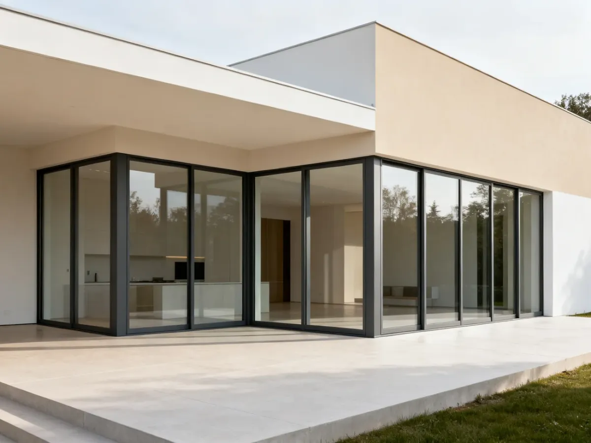 Nowoczesny dom z dużymi przeszkleniami w smukłych ramach aluminiowych