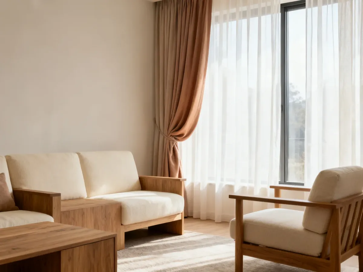 Nowoczesny salon z warstwowymi zasłonami przy dużym oknie