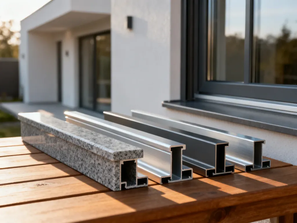 Próbki parapetów zewnętrznych z granitu, aluminium i stali na drewnianym tle, prezentujące różnorodność materiałów.