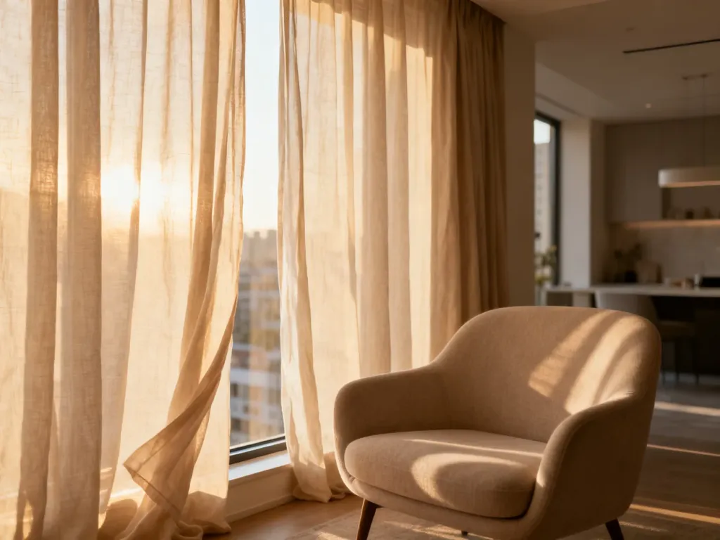 Elegancki salon z jasnymi, lnianymi zasłonami, które wpuszczają ciepłe światło słoneczne, tworząc przytulną atmosferę.