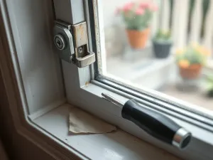 Zbliżenie na mechanizm otwierania okna dachowego Velux z widokiem na błękitne niebo.