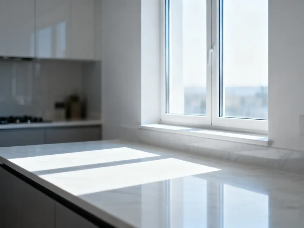 Duże, jasne okno nad minimalistycznym blatem kuchennym, wpuszczające naturalne światło do nowoczesnego wnętrza.