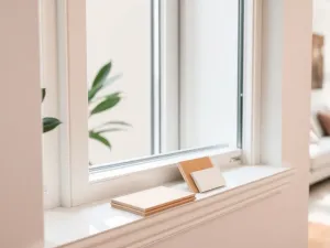 Starannie wykończony glif okienny oraz parapet w nowoczesnym wnętrzu podczas prac remontowych.