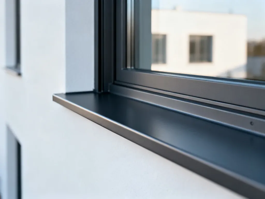 Antracytowe okno z dopasowanym aluminiowym parapetem na tle minimalistycznej, białej elewacji nowoczesnego domu.