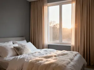 Szklana pułapka z octem jabłkowym na kuchennym blacie, skutecznie wabiąca muszki owocówki w jasnej kuchni.