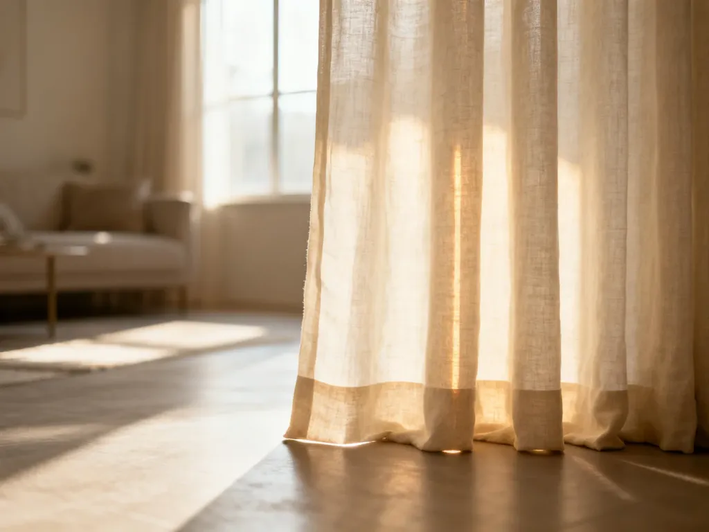 Eleganckie lniane zasłony sięgające idealnie do podłogi w słonecznym, minimalistycznym salonie.
