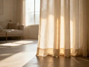 Przytulny salon w stylu urban jungle z dużą monsterą w terakotowej donicy i lnianymi zasłonami w ziemistych odcieniach.