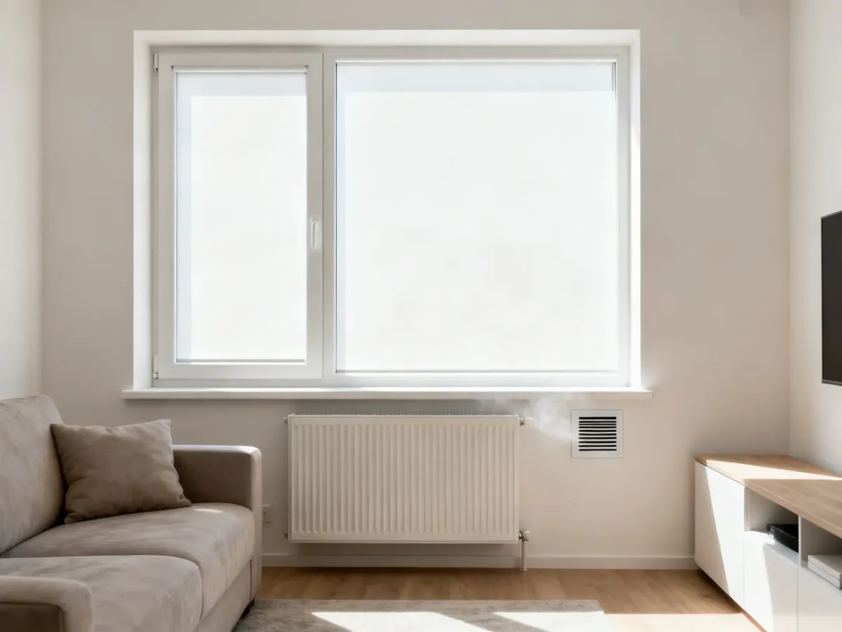 Nawiewnik zamontowany w szczelnym oknie nad grzejnikiem w jasnym pokoju