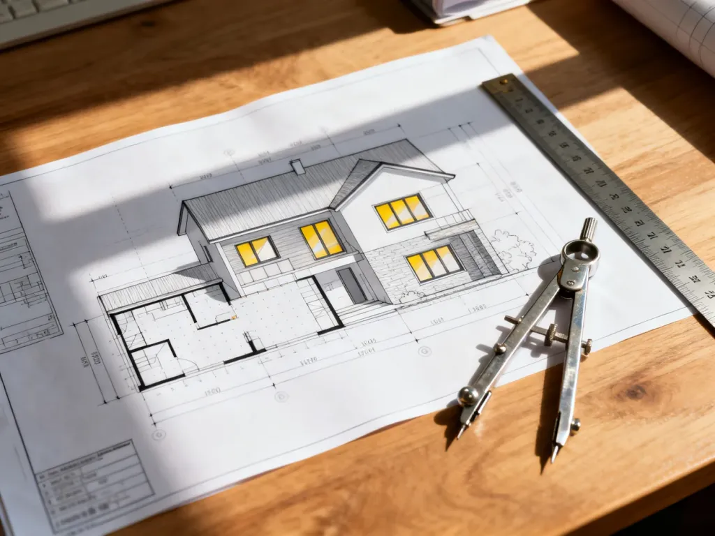 Projekt architektoniczny domu z zaznaczonymi oknami i narzędziami pomiarowymi na biurku, gotowy do obliczeń powierzchni.