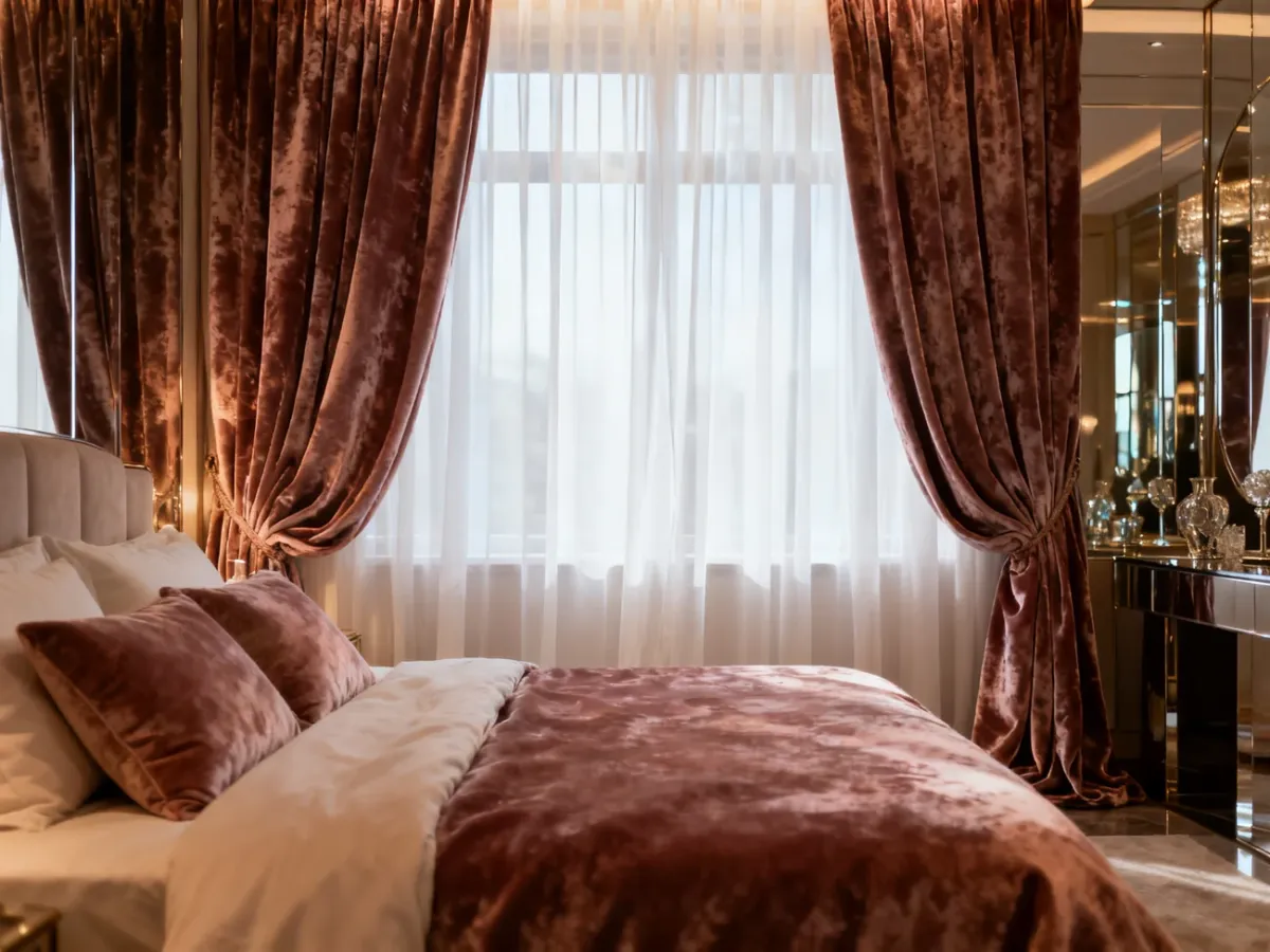 Glamorous bedroom with sheer curtains and heavy blackout drapes
