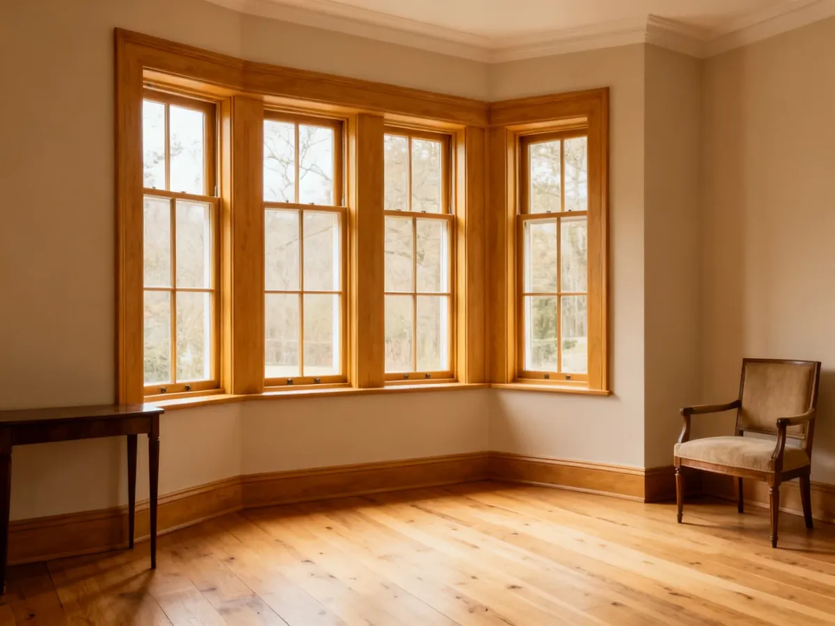 Salon z miodowymi oknami Winchester i jasną podłogą z naturalnego dębu