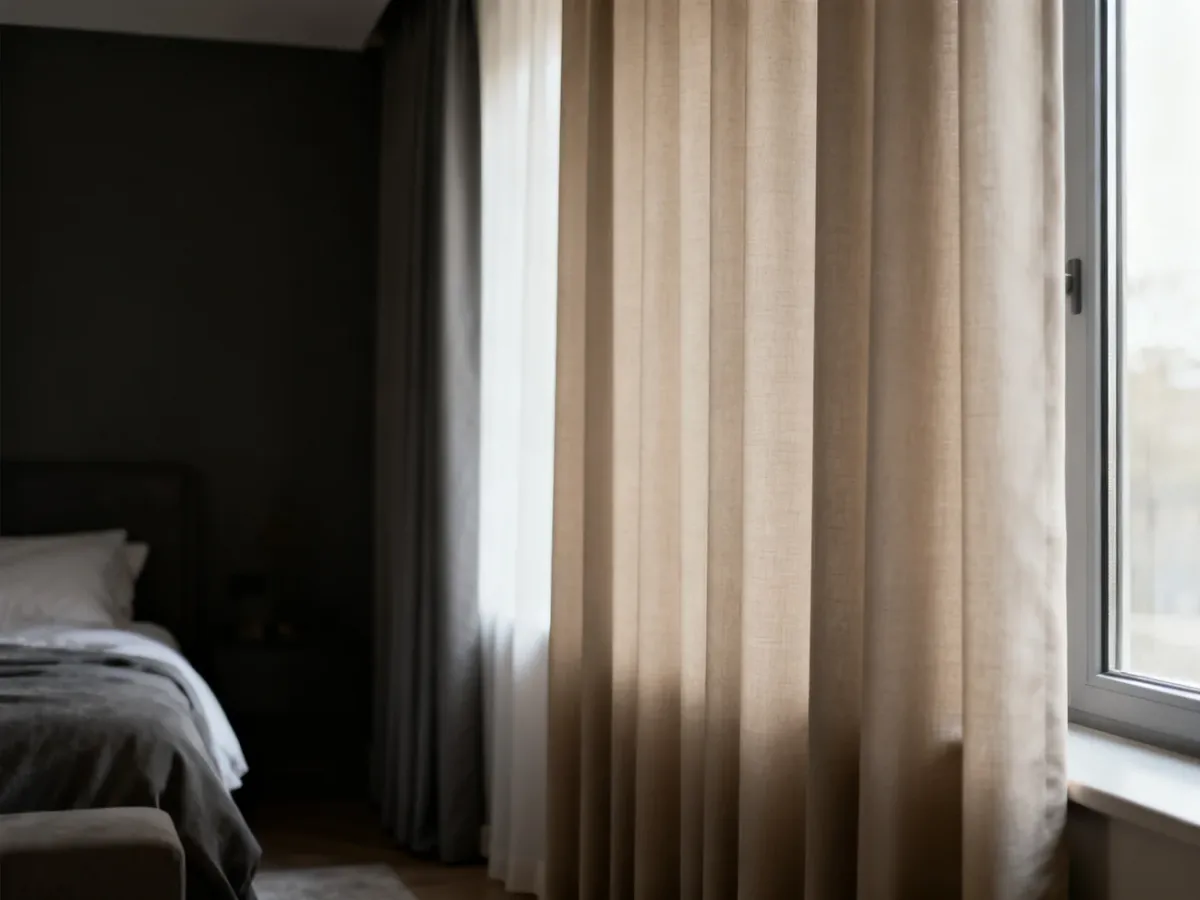 Zbliżenie na grubą, wielowarstwową tkaninę zasłony blackout przy oknie