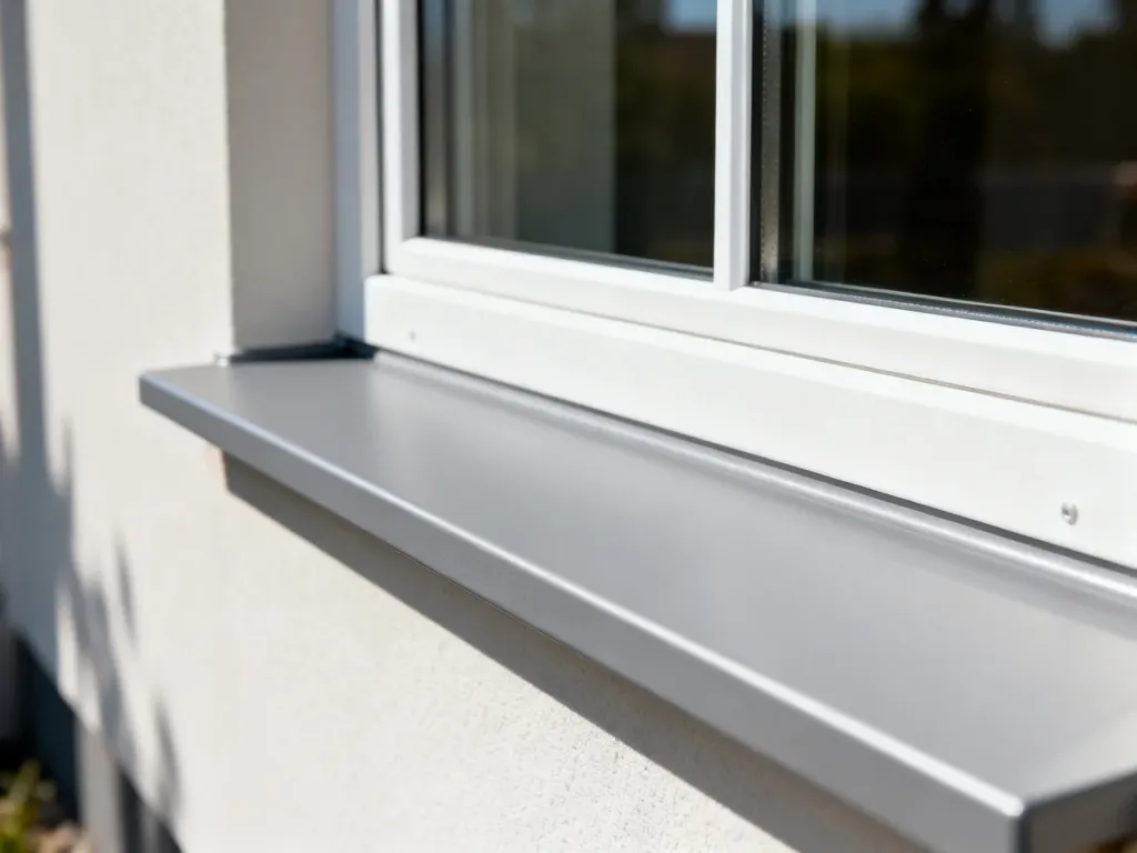 Jasnoszary, aluminiowy parapet zewnętrzny zamontowany pod białą ramą okienną na tle minimalistycznej elewacji domu.