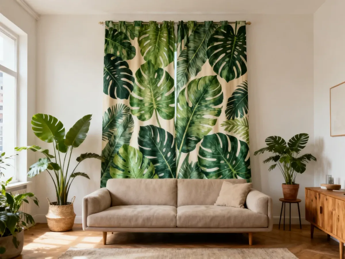 Salon w stylu urban jungle z zasłonami w liście monstery