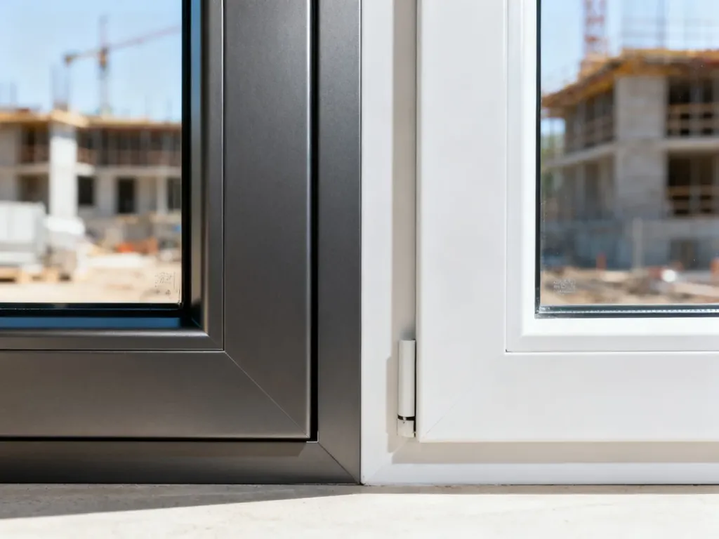 Porównanie ram okiennych: antracytowe aluminium po lewej i białe PCV po prawej stronie.