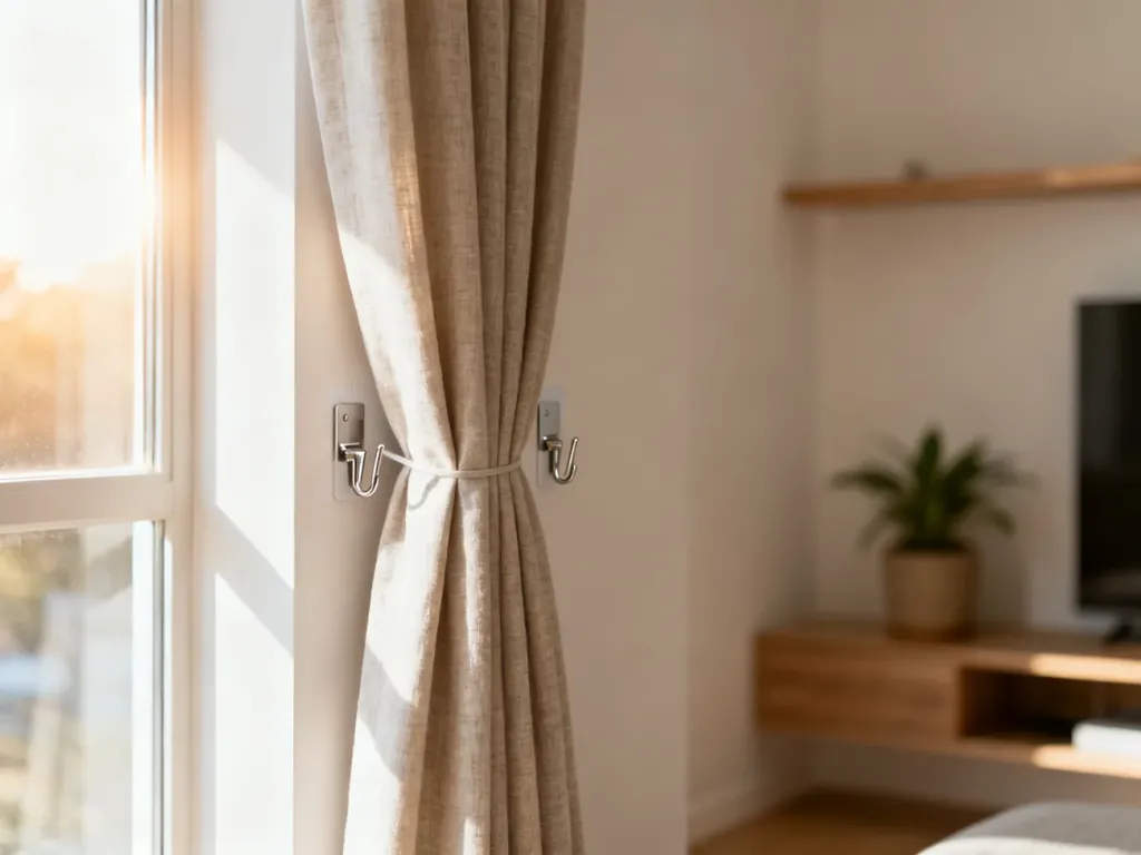 Eleganckie zasłony zamocowane na minimalistycznych haczykach samoprzylepnych w przytulnym, nowoczesnym salonie.