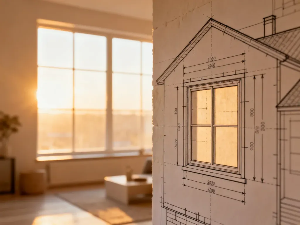 Projekt architektoniczny ściany z wymiarami okien na tle nowoczesnego, nasłonecznionego salonu.