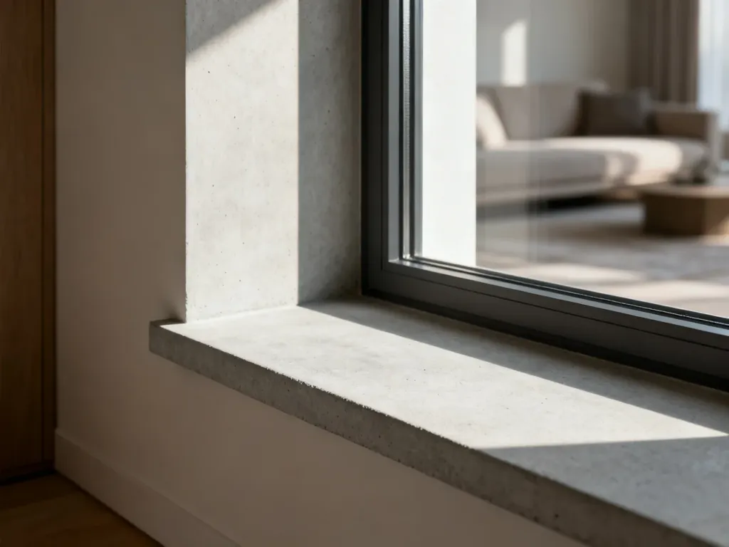 Jasnoszary betonowy parapet w kontraście z grafitową ramą okienną w minimalistycznym wnętrzu.