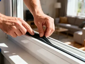 Białe aluminiowe szyny sufitowe zamontowane na suficie oraz narzędzia montażowe na drabinie w nowoczesnym wnętrzu.