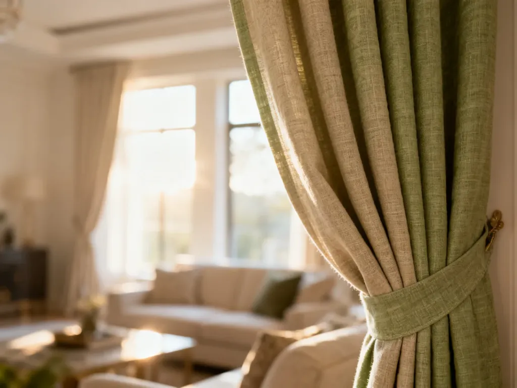 Eleganckie zasłony z lnu w odcieniach beżu i szałwii, wprowadzające do salonu przytulną i nowoczesną atmosferę.
